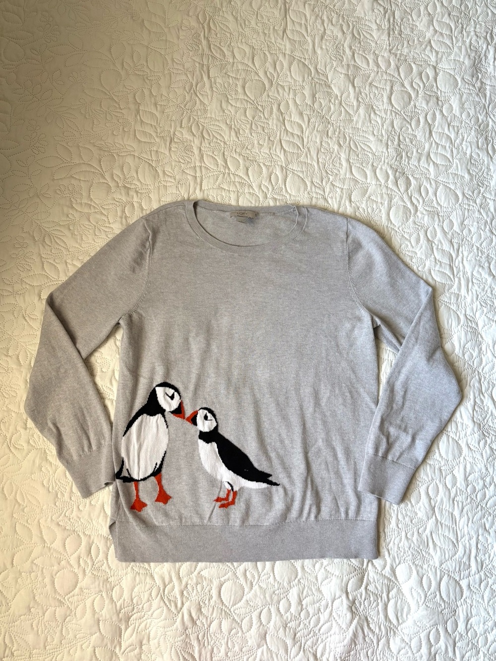 LOFT Outlet Puffin Bird Novelty Sweater Gray Knit Size Large